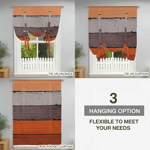 Burnt Orange Grey Tie Up Curtains for Window, Vintage Stripe Farmhouse Wood Grain Thermal Insulated Balloon Shade Adjustable Rod Pocket Curtains Valance Panels for Kitchen Bathroom Café 42'' x 45'' in Kuwait