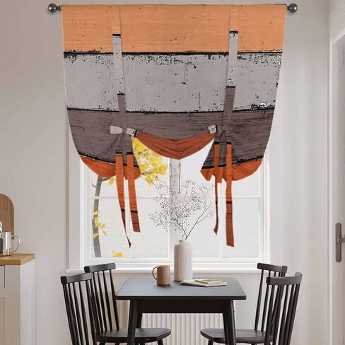 Burnt Orange Grey Tie Up Curtains for Window, Vintage Stripe Farmhouse Wood Grain Thermal Insulated Balloon Shade Adjustable Rod Pocket Curtains Valance Panels for Kitchen Bathroom Café 42'' x 45'' in Kuwait