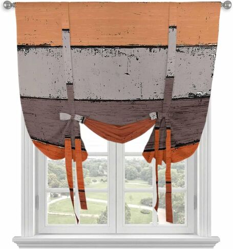 Burnt Orange Grey Tie Up Curtains for Window, Vintage Stripe Farmhouse Wood Grain Thermal Insulated Balloon Shade Adjustable Rod Pocket Curtains Valance Panels for Kitchen Bathroom Café 42'' x 45'' in Kuwait