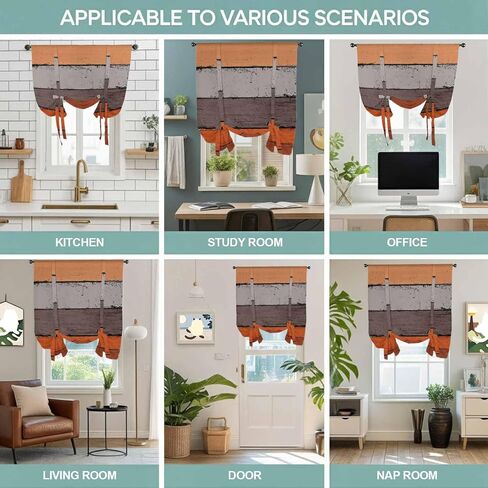 Burnt Orange Grey Tie Up Curtains for Window, Vintage Stripe Farmhouse Wood Grain Thermal Insulated Balloon Shade Adjustable Rod Pocket Curtains Valance Panels for Kitchen Bathroom Café 42'' x 45'' in Kuwait