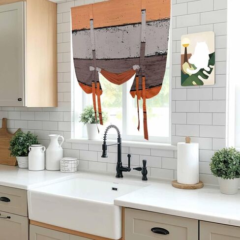 Burnt Orange Grey Tie Up Curtains for Window, Vintage Stripe Farmhouse Wood Grain Thermal Insulated Balloon Shade Adjustable Rod Pocket Curtains Valance Panels for Kitchen Bathroom Café 42'' x 45'' in Kuwait