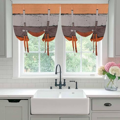 Burnt Orange Grey Tie Up Curtains for Window, Vintage Stripe Farmhouse Wood Grain Thermal Insulated Balloon Shade Adjustable Rod Pocket Curtains Valance Panels for Kitchen Bathroom Café 42'' x 45'' in Kuwait