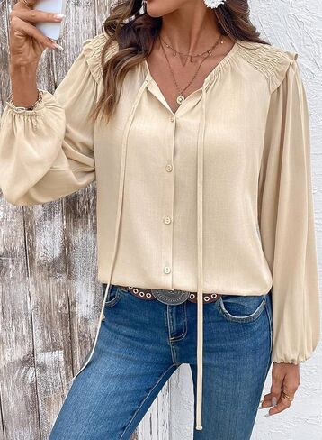 Dokotoo Womens Tops Tie Front Long Lantern Sleeve Blouse Ruffle Crew Neck Button Down Boho Shirts in Saudi Arabia