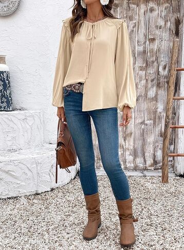 Dokotoo Womens Tops Tie Front Long Lantern Sleeve Blouse Ruffle Crew Neck Button Down Boho Shirts in Saudi Arabia