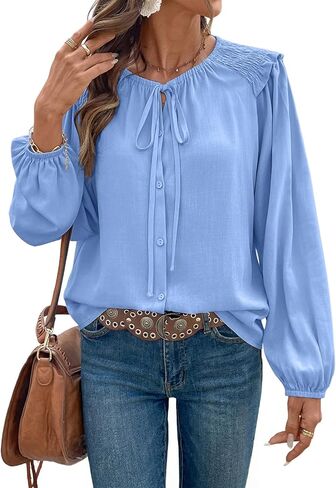 Dokotoo Womens Tops Tie Front Long Lantern Sleeve Blouse Ruffle Crew Neck Button Down Boho Shirts in Saudi Arabia