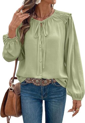 Dokotoo Womens Tops Tie Front Long Lantern Sleeve Blouse Ruffle Crew Neck Button Down Boho Shirts in Saudi Arabia