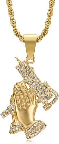 NEGS 18K Gold Plated Prayer Hand with Gun Pendant Stainless Steel Rock Necklace for Men Women, 24 Inch Chain Hip Hop Rock Amulet Jewelry Gift in Kuwait