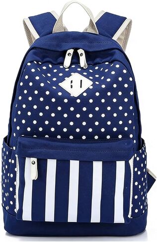 Polka Dot Backpack Navy Striped Daypack Vintage Classic Lightweight Canvas Shoulder Bag with Zipper for Women(Navy) in Saudi Arabia