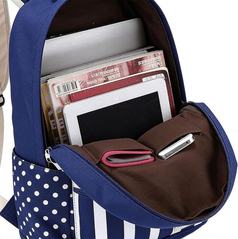 Polka Dot Backpack Navy Striped Daypack Vintage Classic Lightweight Canvas Shoulder Bag with Zipper for Women(Navy) in Saudi Arabia
