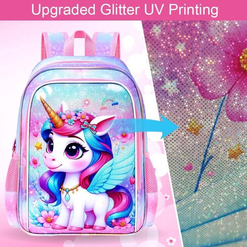 حقيبة ظهر WZLVO 3 قطع يونيكورن للفتيات، 16 بوصة لامعة مطبوعة بالأشعة فوق البنفسجية للأطفال حقيبة كتب/حقيبة مدرسية مع صندوق غداء وحقيبة أقلام رصاص لمرحلة ما قبل المدرسة إلى المرحلة الابتدائية - يونيكورن الطائر in Kuwait