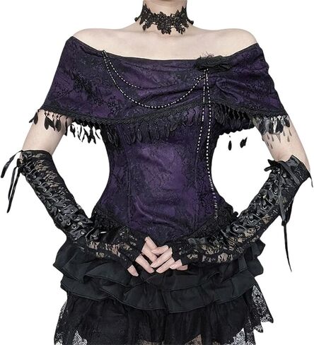 Women's Goth Off Shoulder Fitted Crop Tank - Vintage Floral Slim Vampire for Disco, Club in Kuwait