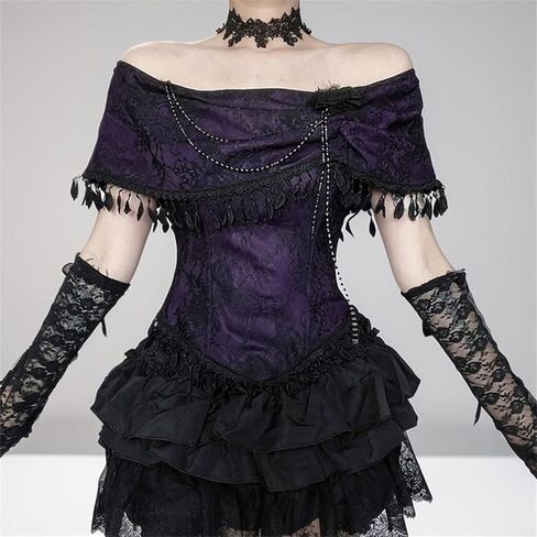 Women's Goth Off Shoulder Fitted Crop Tank - Vintage Floral Slim Vampire for Disco, Club in Kuwait