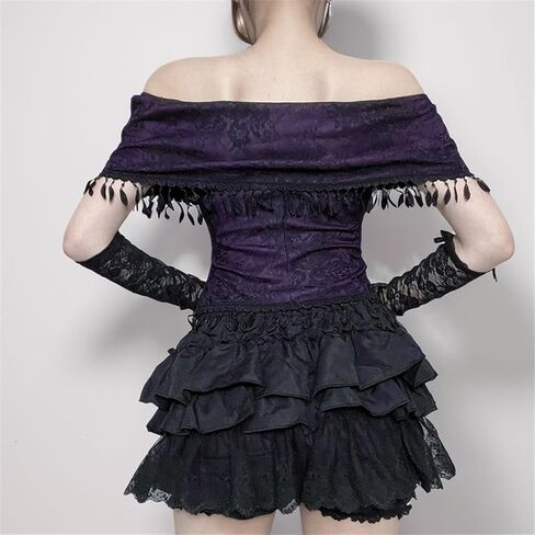 Women's Goth Off Shoulder Fitted Crop Tank - Vintage Floral Slim Vampire for Disco, Club in Kuwait