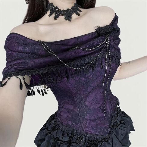 Women's Goth Off Shoulder Fitted Crop Tank - Vintage Floral Slim Vampire for Disco, Club in Kuwait