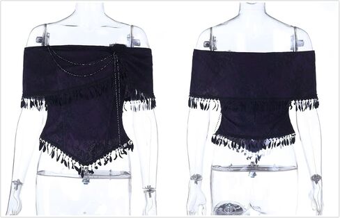 Women's Goth Off Shoulder Fitted Crop Tank - Vintage Floral Slim Vampire for Disco, Club in Kuwait