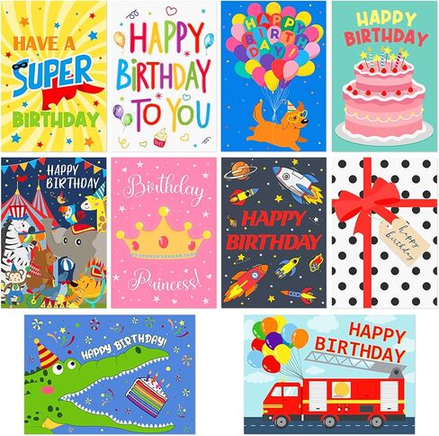 Hooqict Birthday Cards for Kids (4"x6") 10 Assorted Happy Birthday Cards with Envelopes and Greetings Inside (Carnival, Princess, Cake, Animals, Space, Gift Box, Balloons) for Boys Girls 1 2 3 4 5+ in Saudi Arabia