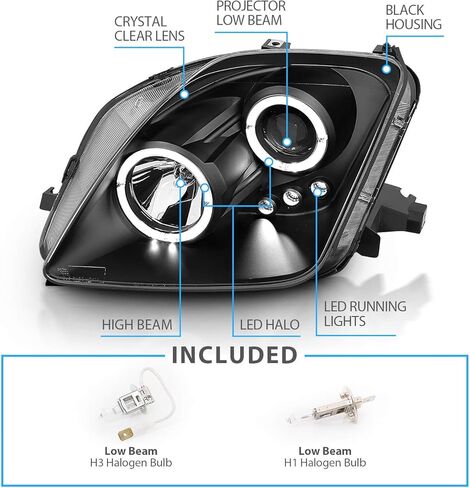AmeriLite Black Projector Replacement Headlights Dual Halo LED Set for 97-01 Honda Prelude - Passenger and Driver Side in Saudi Arabia