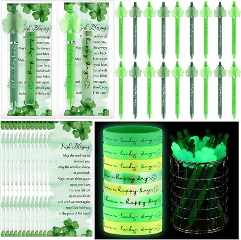 108 Pcs St. Patrick's Day Party Favors Luminous Ballpoint Pens Bracelets with Blessing Bookmarks Irish Gifts Bulk for St. Patrick's Day Office Lucky Shamrock Supplies in Saudi Arabia