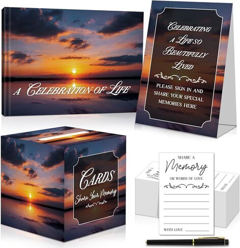 مجموعة كتاب ضيوف جنازة غروب الشمس، دفتر ضيوف تذكاري أنيق الكل في واحد، 80 صفحة، كتاب ضيوف لخدمة الجنازة والنصب التذكاري، غلاف فني، سجل مع قلم، بطاقات ذاكرة، صندوق تجميع، علامة طاولة in Kuwait