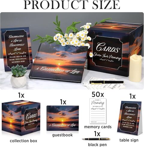مجموعة كتاب ضيوف جنازة غروب الشمس، دفتر ضيوف تذكاري أنيق الكل في واحد، 80 صفحة، كتاب ضيوف لخدمة الجنازة والنصب التذكاري، غلاف فني، سجل مع قلم، بطاقات ذاكرة، صندوق تجميع، علامة طاولة in Kuwait