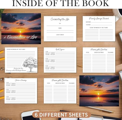 مجموعة كتاب ضيوف جنازة غروب الشمس، دفتر ضيوف تذكاري أنيق الكل في واحد، 80 صفحة، كتاب ضيوف لخدمة الجنازة والنصب التذكاري، غلاف فني، سجل مع قلم، بطاقات ذاكرة، صندوق تجميع، علامة طاولة in Kuwait