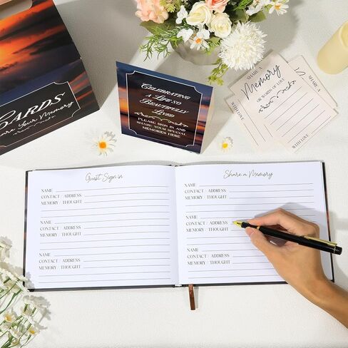 مجموعة كتاب ضيوف جنازة غروب الشمس، دفتر ضيوف تذكاري أنيق الكل في واحد، 80 صفحة، كتاب ضيوف لخدمة الجنازة والنصب التذكاري، غلاف فني، سجل مع قلم، بطاقات ذاكرة، صندوق تجميع، علامة طاولة in Kuwait