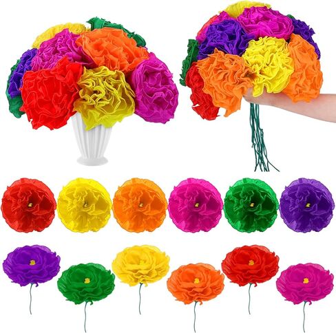12 Pcs Mexican Paper Flowers Artificial Rainbow Crepe Paper Flowers Bunch with 15in Long Stem Mexican Fiesta Assorted De Papel para Decoracion for Fiesta Cinco De Mayo Party Home Decor in Kuwait