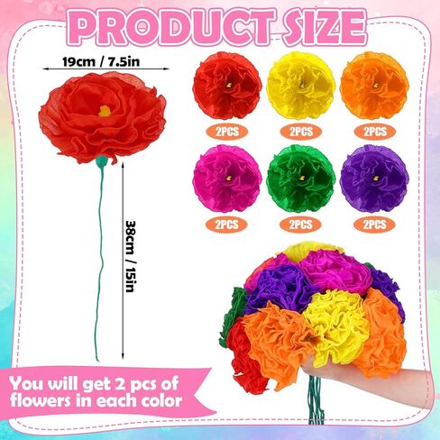 12 Pcs Mexican Paper Flowers Artificial Rainbow Crepe Paper Flowers Bunch with 15in Long Stem Mexican Fiesta Assorted De Papel para Decoracion for Fiesta Cinco De Mayo Party Home Decor in Kuwait