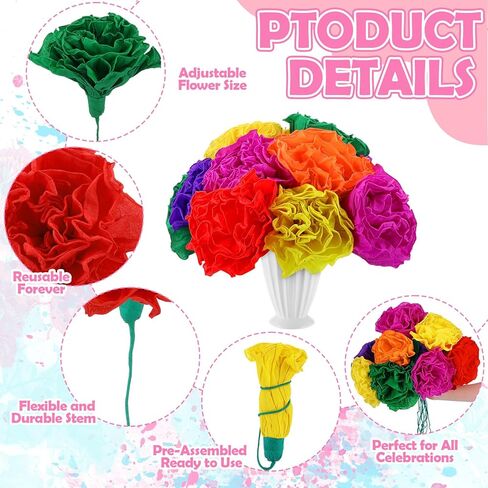 12 Pcs Mexican Paper Flowers Artificial Rainbow Crepe Paper Flowers Bunch with 15in Long Stem Mexican Fiesta Assorted De Papel para Decoracion for Fiesta Cinco De Mayo Party Home Decor in Kuwait