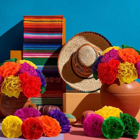 12 Pcs Mexican Paper Flowers Artificial Rainbow Crepe Paper Flowers Bunch with 15in Long Stem Mexican Fiesta Assorted De Papel para Decoracion for Fiesta Cinco De Mayo Party Home Decor in Kuwait