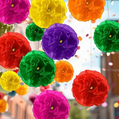 12 Pcs Mexican Paper Flowers Artificial Rainbow Crepe Paper Flowers Bunch with 15in Long Stem Mexican Fiesta Assorted De Papel para Decoracion for Fiesta Cinco De Mayo Party Home Decor in Kuwait
