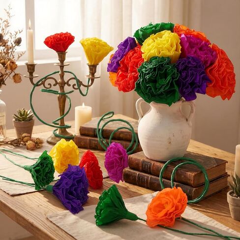 12 Pcs Mexican Paper Flowers Artificial Rainbow Crepe Paper Flowers Bunch with 15in Long Stem Mexican Fiesta Assorted De Papel para Decoracion for Fiesta Cinco De Mayo Party Home Decor in Kuwait
