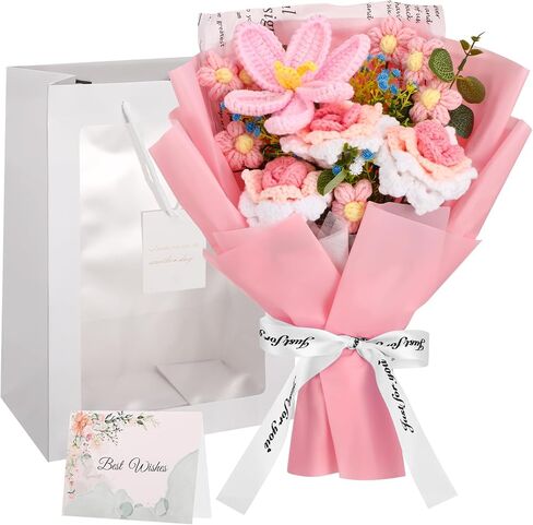 Ovveroche Crochet Flowers Bouquet, Hand Knitted Rose Tulip Crochet Flower with Gift Bag Greeting Card for Mother's Day, Home Decor, Weddings, Birthdays, Anniversary Graduation Gift in Kuwait