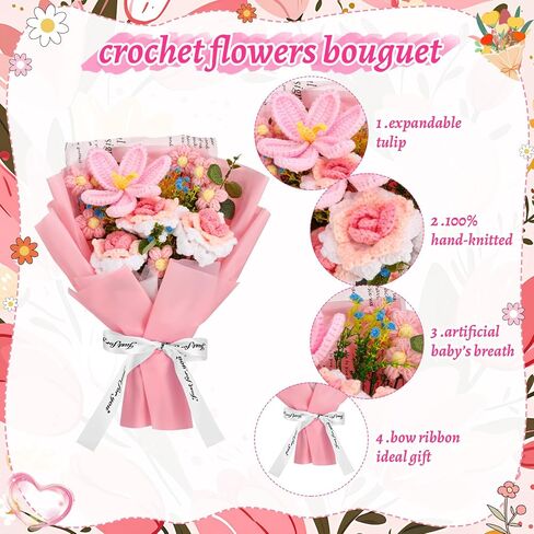 Ovveroche Crochet Flowers Bouquet, Hand Knitted Rose Tulip Crochet Flower with Gift Bag Greeting Card for Mother's Day, Home Decor, Weddings, Birthdays, Anniversary Graduation Gift in Saudi Arabia