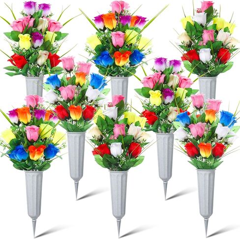 8 Set 16 Pcs Artificial Cemetery Vase with Flowers for Grave Memorial Artificial Floral Bouquet with Vases and Spike for Outdoor Cemetery Headstones Grave Lawn Yard Decoration(Vivid Color) in Kuwait