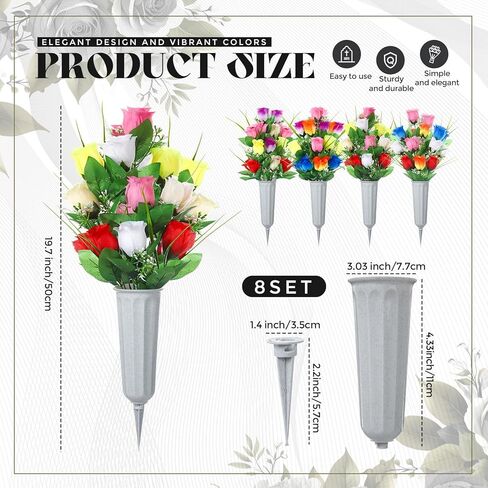 8 Set 16 Pcs Artificial Cemetery Vase with Flowers for Grave Memorial Artificial Floral Bouquet with Vases and Spike for Outdoor Cemetery Headstones Grave Lawn Yard Decoration(Vivid Color) in Kuwait