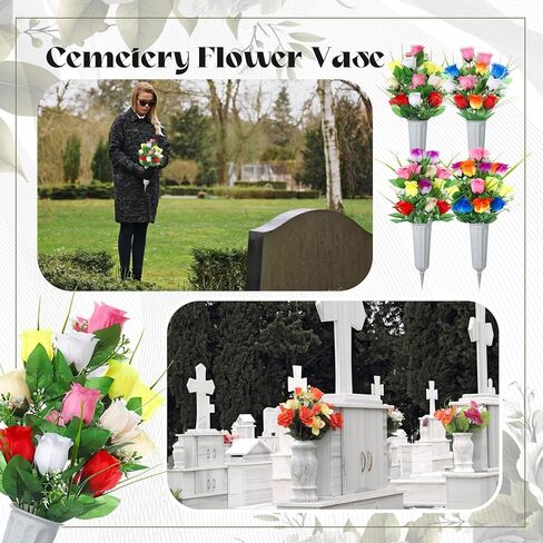 8 Set 16 Pcs Artificial Cemetery Vase with Flowers for Grave Memorial Artificial Floral Bouquet with Vases and Spike for Outdoor Cemetery Headstones Grave Lawn Yard Decoration(Vivid Color) in Kuwait
