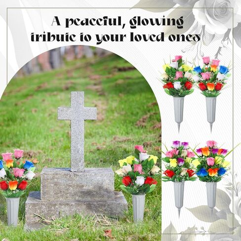 8 Set 16 Pcs Artificial Cemetery Vase with Flowers for Grave Memorial Artificial Floral Bouquet with Vases and Spike for Outdoor Cemetery Headstones Grave Lawn Yard Decoration(Vivid Color) in Kuwait