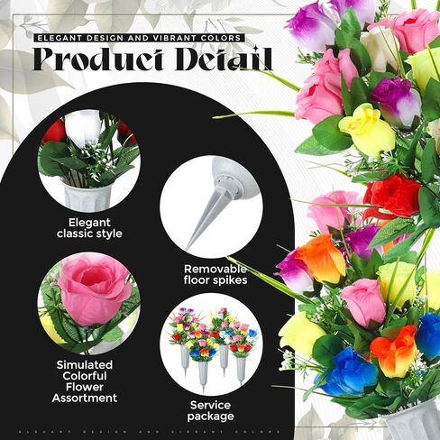 8 Set 16 Pcs Artificial Cemetery Vase with Flowers for Grave Memorial Artificial Floral Bouquet with Vases and Spike for Outdoor Cemetery Headstones Grave Lawn Yard Decoration(Vivid Color) in Kuwait