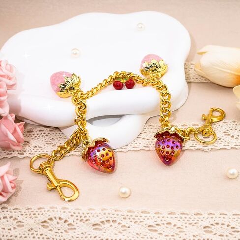 Strawberry Cherry Gold Bag Purse Chain Charms for Handbags Purses - Fruit Keychain Charm Purse Accessories for Women with Lobster Clasp in Saudi Arabia
