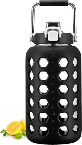 MUKOKO 64oz Glass Water Bottles with Straw, Half Gallon Water Bottle with Time Marker, Motivational Water Bottle with Silicone Sleeves,Large Glass Water Bottle for Gym,Working,Outdoor,Olive in Saudi Arabia