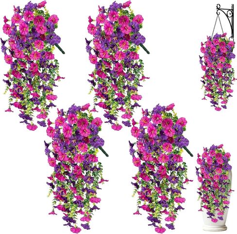 Artificial Hanging Flowers for Outdoors, 4Pcs UV Resistant Artificial Hanging Morning Glory Flowers, Spring Realistic Faux Outdoor Flower for Porch Patio Yard Garden Farmhouse Decor (Purple+Fuchsia) in Saudi Arabia