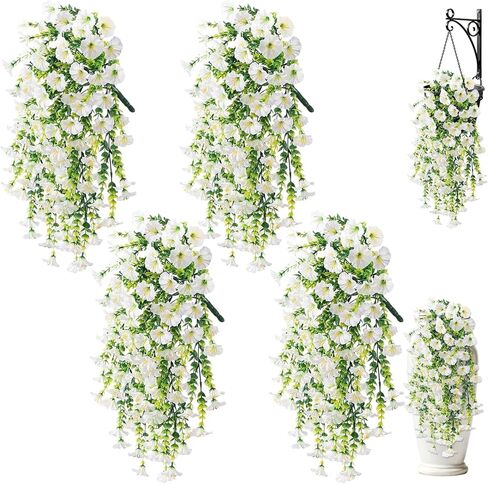 Artificial Hanging Flowers for Outdoors, 4Pcs UV Resistant Artificial Hanging Morning Glory Flowers, Spring Realistic Faux Outdoor Flower for Porch Patio Yard Garden Farmhouse Decor (Purple+Fuchsia) in Saudi Arabia