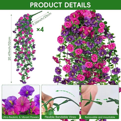 Artificial Hanging Flowers for Outdoors, 4Pcs UV Resistant Artificial Hanging Morning Glory Flowers, Spring Realistic Faux Outdoor Flower for Porch Patio Yard Garden Farmhouse Decor (Purple+Fuchsia) in Saudi Arabia