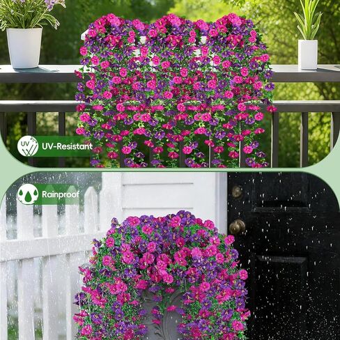 Artificial Hanging Flowers for Outdoors, 4Pcs UV Resistant Artificial Hanging Morning Glory Flowers, Spring Realistic Faux Outdoor Flower for Porch Patio Yard Garden Farmhouse Decor (Purple+Fuchsia) in Saudi Arabia