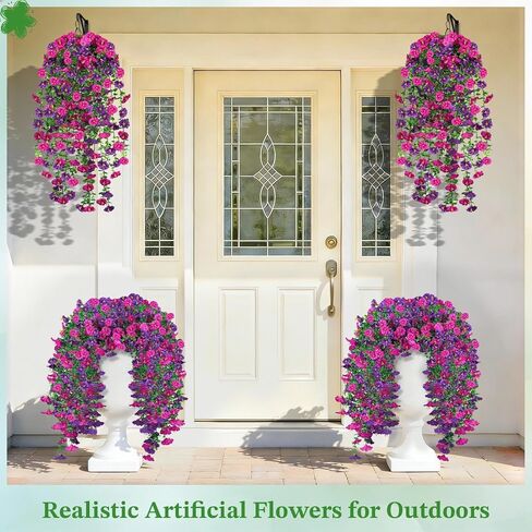 Artificial Hanging Flowers for Outdoors, 4Pcs UV Resistant Artificial Hanging Morning Glory Flowers, Spring Realistic Faux Outdoor Flower for Porch Patio Yard Garden Farmhouse Decor (Purple+Fuchsia) in Saudi Arabia