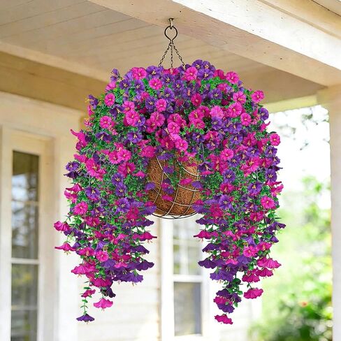 Artificial Hanging Flowers for Outdoors, 4Pcs UV Resistant Artificial Hanging Morning Glory Flowers, Spring Realistic Faux Outdoor Flower for Porch Patio Yard Garden Farmhouse Decor (Purple+Fuchsia) in Saudi Arabia