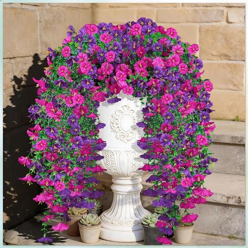 Artificial Hanging Flowers for Outdoors, 4Pcs UV Resistant Artificial Hanging Morning Glory Flowers, Spring Realistic Faux Outdoor Flower for Porch Patio Yard Garden Farmhouse Decor (Purple+Fuchsia) in Saudi Arabia