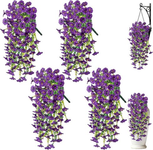 Artificial Hanging Flowers for Outdoors, 4Pcs UV Resistant Artificial Hanging Morning Glory Flowers, Spring Realistic Faux Outdoor Flower for Porch Patio Yard Garden Farmhouse Decor (Purple+Fuchsia) in Saudi Arabia