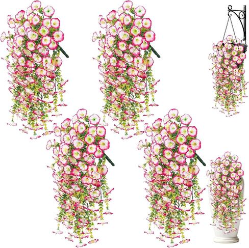 Artificial Hanging Flowers for Outdoors, 4Pcs UV Resistant Artificial Hanging Morning Glory Flowers, Spring Realistic Faux Outdoor Flower for Porch Patio Yard Garden Farmhouse Decor (Purple+Fuchsia) in Saudi Arabia